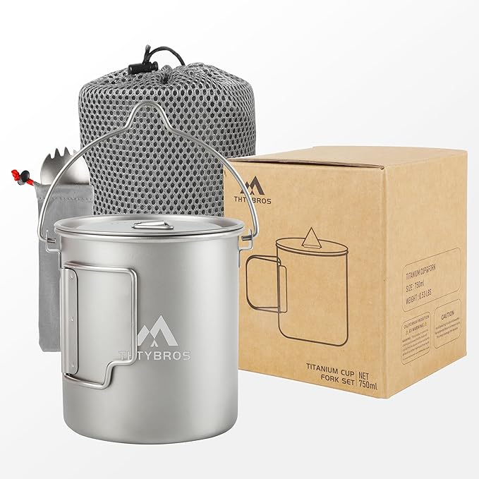 Titanium 750ml Pot with Titanium Spork, Ourdoor Solo Camping Mug, Hanging Cup Spork Kits