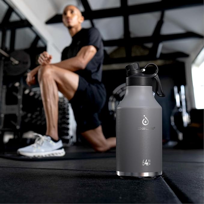 IDEUS Insulated Stainless Steel Water Bottle with 2 Leak-Proof Lids, Thermal Water Flask for Hiking Biking, 64oz, Black