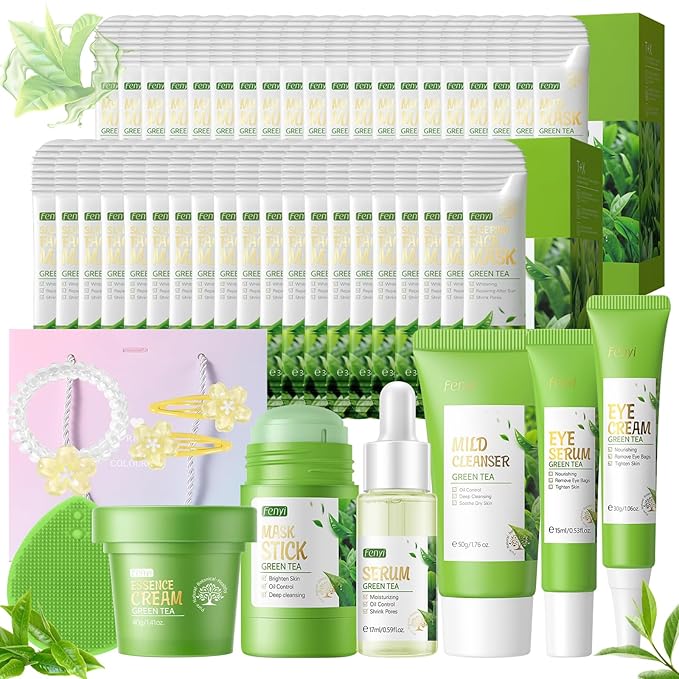 Green Tea Skin Care Set, Skincare for Girls 10-12, 51Pcs Skincare Gift Set for Teens Complete Skincare Routine, Travel Size Skincare Set with Hair Clips, Kids Skin Care Set for Girls Ages 8-12