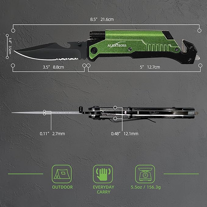 ALBATROSS 7-in-1 Folding Pocket Knife with Glass Breaker, Seatbelt Cutter, Serrated Blade, LED Flashlight, Fire Starter & Bottle Opener - Emergency & Outdoor Tool with Pouch (Green) FK01-GN