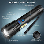 Cinlinso Rechargeable LED Flashlights High Lumens 2 Pack, 90000 Lumen Super Bright Flashlight, 7 Modes with COB Work Light, IPX7 Waterproof Powerful Flash Light for Home, Camping, Emergencies