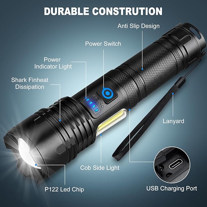 Cinlinso Rechargeable LED Flashlights High Lumens 2 Pack, 90000 Lumen Super Bright Flashlight, 7 Modes with COB Work Light, IPX7 Waterproof Powerful Flash Light for Home, Camping, Emergencies