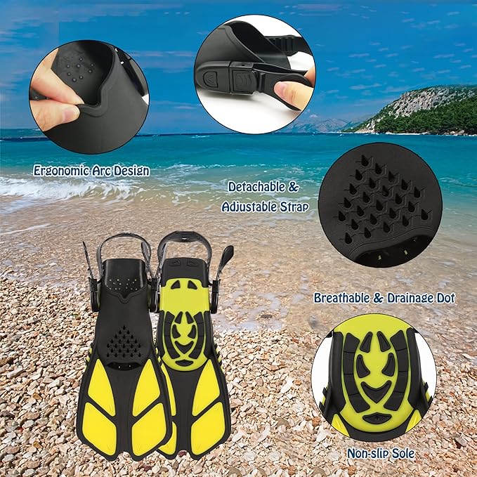 Kids Mask Fins Snorkel Set Snorkeling Packages, with Diving Mask, Snorkel, Adjustable Swim Fins, Mesh Bag, Anti-Fog Anti-Leak Snorkeling Gear for Kids for Snorkeling Swimming Diving