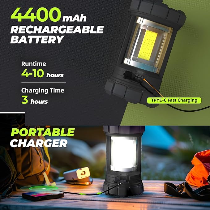 Camping Lantern 3000LM, LED Lanterns for Power Outages with 4400mAh Phone Charger, Impact-Resistant Rechargeable Lantern, 5 Light Modes Waterproof Lantern for Hurricane Emergency(Black)