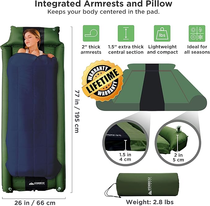 Camping Pad with Armrest & Pillow - Self-Inflating Air Mattress - Rollover Protection - Ultra-Comfortable Mat - Lightweight for Tent, Cot, Backpacking(L/XL)