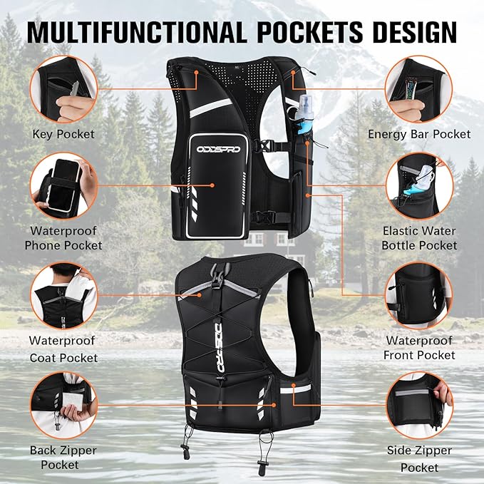 Running Vest for Women Men, Phone Pocket Running Hydration Vest with 500ML Soft Flask, Adjustable Chest Waist Straps, 10 Pockets Reflective Breathable Hydration Vest for Hiking, Biking, Marathon