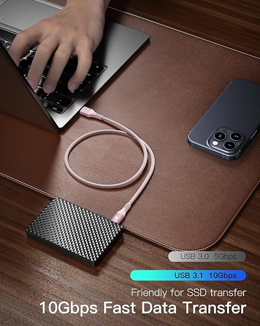 CONMDEX USB C Cable 10Gbps [2ft, 2-Pack] USB 3.1 Gen 2 USB A to USB C Data Transfer Cord for Android Auto/Carplay, 3A Fast Charging Type C Cable for iPhone 17 16 Pro Max Samsung Galaxy S25, Pink