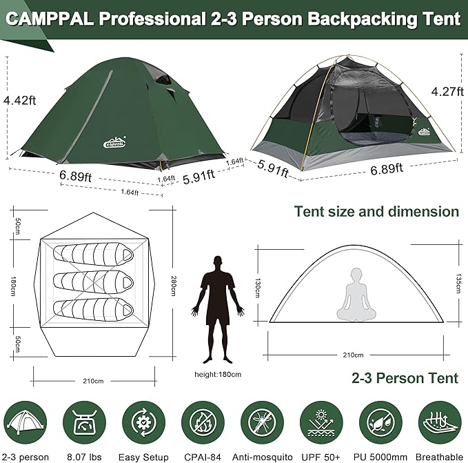 2-3 Person Backpacking Tent with Double Door 2 Vestibule, Waterproof Windproof Lightweight Easy Set Up 3 Season 2 Man Two Person Tent for Camping, Hiking, Motorcycle, Mountaineering with UPF 50+