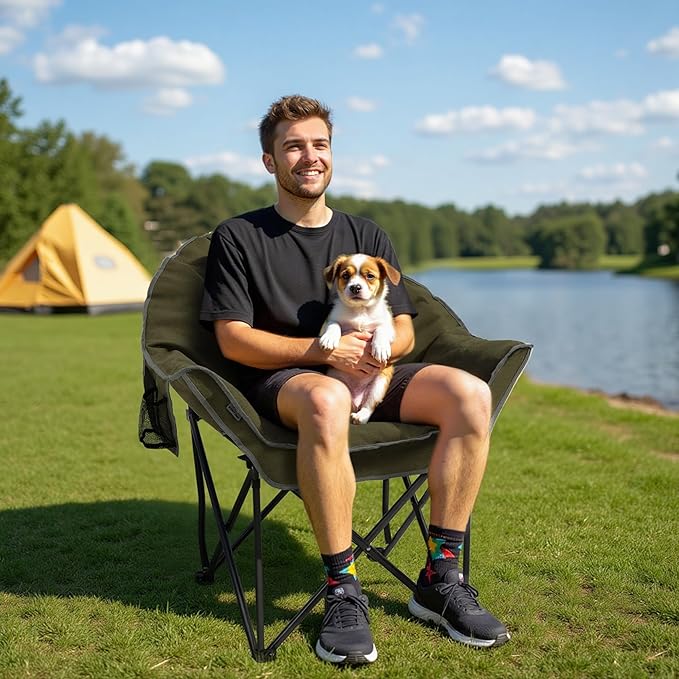 Oversized Padded Comfy Camping Chair for Adults, Portable Padded Lawn Chair, Weight Capacity 400 LBS, Heavy Duty Moon Leisure Folding Chair for Camping, Hiking, Carry Bag, Army Green (2 Pack)