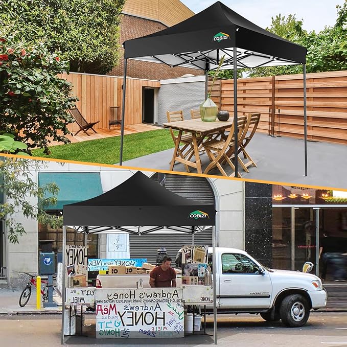 COBIZI 6.6x6.6 Pop Up Canopy Without Sidewall,Heavy Duty Canopy UPF 50+ All Season Wind Waterproof Commercial Outdoor Party Tents for Parties Canopy Gazebo with Storage Bag(6.6 x 6.6 ft Black)