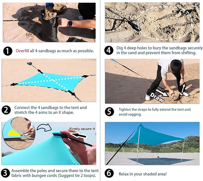 10×10ft UPF50+ Beach Tent Sun Shelter, Windproof Stable Outdoor Pop Up Beach Shade Canopy for Camping, Fishing, Backyard Fun or Picnics, 4 Poles