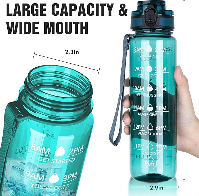 OLDLEY Water Bottle, 32oz Motivational Sports Water Bottle with Time Marker - Times to Drink - Tritan, BPA Free, Wide Mouth Leakproof, Deep Sea (1 Bottle)