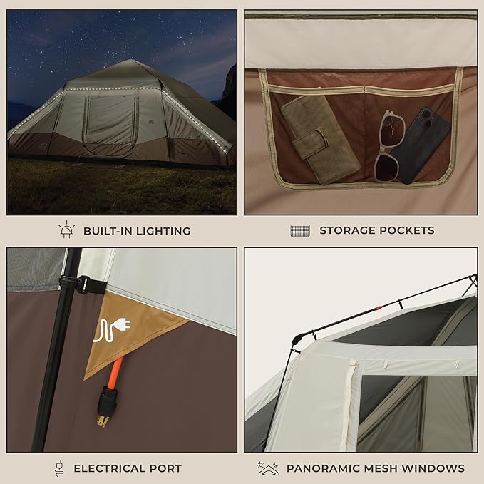 CORE Instant Cabin Tent with LED Lights | Large Family Lighted Pop Up Tent with Carry Bag for Camping, Glamping, and Backyard Adventures | Included Storage Pockets for Camp Accessories