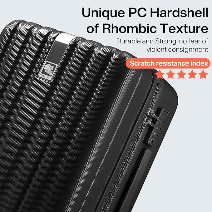 Hanke 20 Inch Carry On Luggage 22x14x9 Airline Approved Lightweight PC Hard Shell Suitcases with Wheels Travel Luggage Rolling Suitcase Travel Luggage Bag for Weekender(Jet Black)