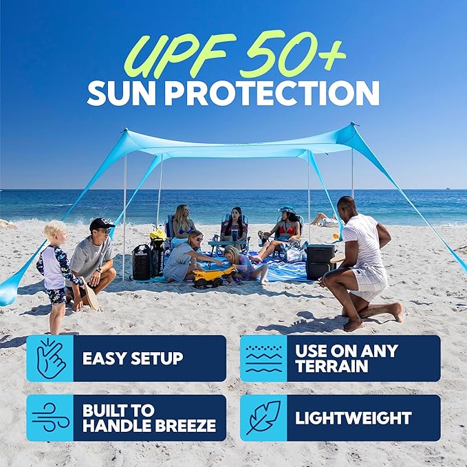 SUN NINJA Beach Tent Sun Shelter UPF50+ - Easy Pop Up Beach Canopy - Outdoor Shade for Camping Trips, Fishing, Backyard Fun Picnics - Sand Shovel, Ground Pegs & Stability Poles