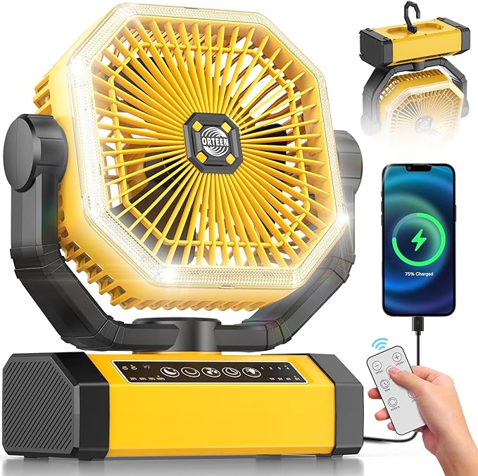Orteen Rechargeable 9-Inch Portable Table Fan, 20000mAh Battery Powered Camping Fan with Auto Oscillation, Remote Control, LED Light, Hook - 20000mAh-Yellow