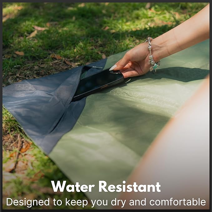 ECCOSOPHY Sand Proof Beach Blanket - Waterproof Picnic Blanket 60x55-Outdoor Compact Pocket Blanket-Lightweight Ground Cover for Hiking, Camping, Festivals, Sports, Travel-with Bag & Stakes (Olive)