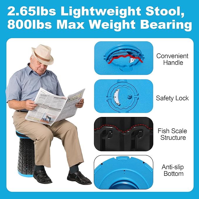 ALEVMOOM 18" Collapsible Stool, 800lbs Max Weight, Heavy Duty Portable Retractable Folding Telescoping Foldable Camping Stool for Adults Outdoor Fishing Travel BBQ (Blue)