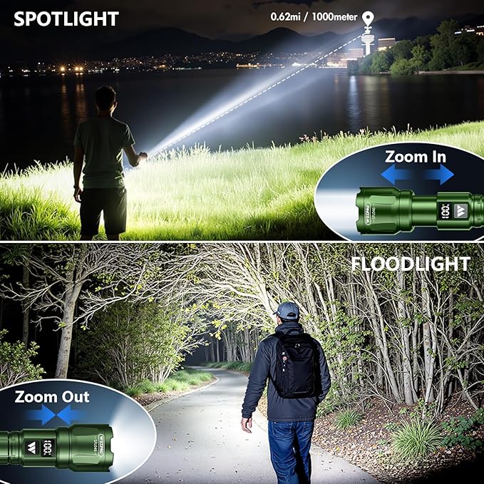 WdtPro LED Rechargeable Flashlight 2 Pack, Super Bright Zoomable 6000 Lumens Tactical Flashlight with LCD Digital Display, 3 Mode Waterproof Flash Light for Camping, Hunting & Home Emergency - Green