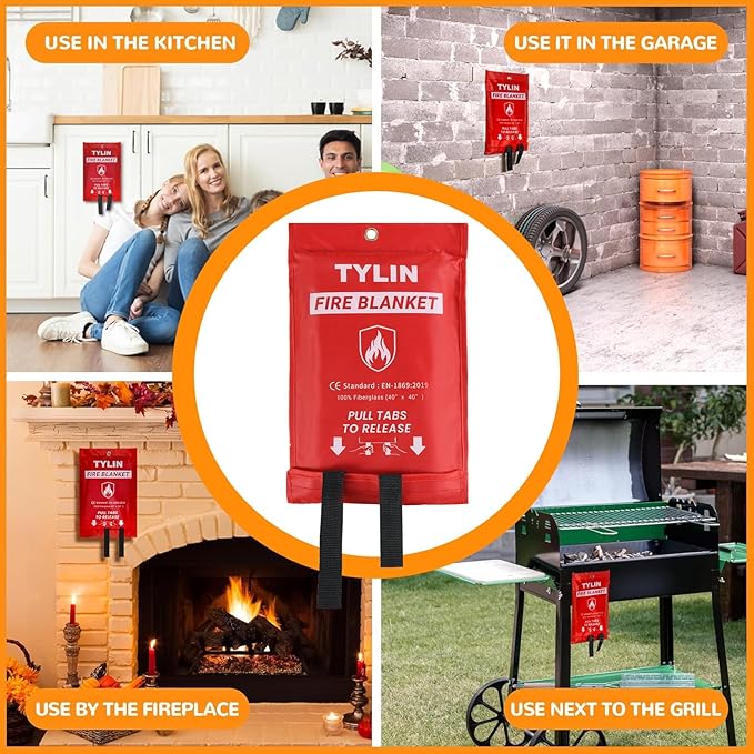 TYLIN Emergency Fire Blanket for Home & Kitchen 40” x 40” - 4 Pack, High Heat Resistant Fire Suppression Blankets for Home Safety, Kitchen, and Camping (4)