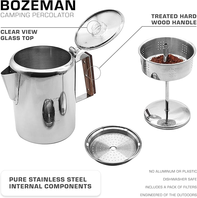 COLETTI Bozeman Super Bundle — Camping Coffee Pot, 2x Glass Globes, 100-Pack of Natural Filters — Camping's Best Percolator – Pure Stainless Steel [9 Cup Bundle]