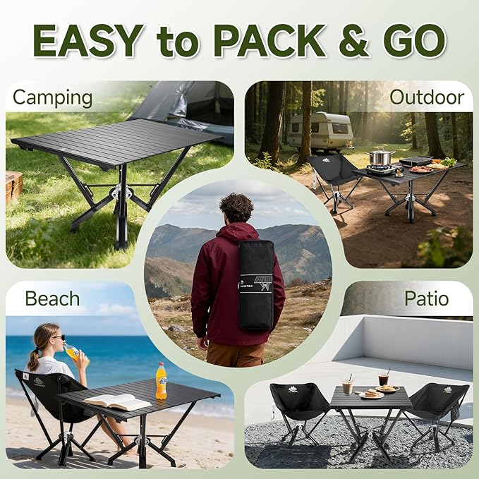 Camping Table Folding, Small Camping Table with Load 380lbs, Portable Roll up Aluminum Foldable Table with Carry Bag for Outdoor, Picnic, Camping, Black