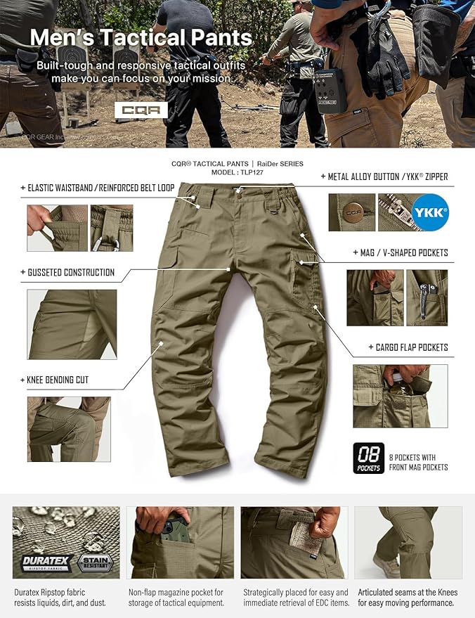 CQR Men's Tactical Pants, Water Resistant Ripstop Cargo Pants, Lightweight EDC Work Hiking Pants, Outdoor Apparel