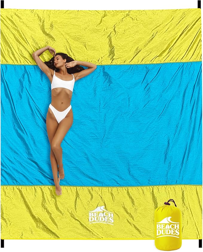Sandproof Waterproof Beach Blanket Extra Large 108"x 84", Mat for Family, Quick Dry Ripstop Nylon Lightweight, Compact for Travel, Picnic, Camping w/ 4 Anchor Stakes and Carry Bag