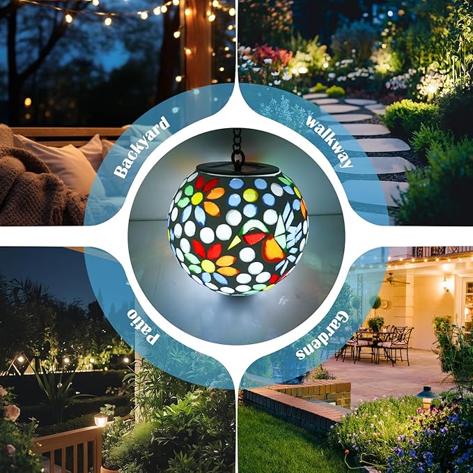 Solar Lanterns Outdoor Hanging Solar Mosaic Hummingbird Lantern Outdoor Waterproof Lanterns Decorative Garden Patio Yard Party Decor Multi