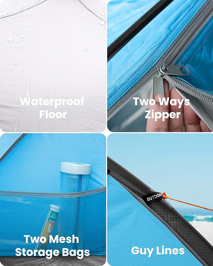 OutdoorMaster Beach Tent Sun Shelter with 2 Ventilated Doors, UPF50+ Easy Setup Beach Tent Canopy for 3 Person, Lightweight & Portable Family Beach Umbrellas for Sand with Carrying Bag - Blue