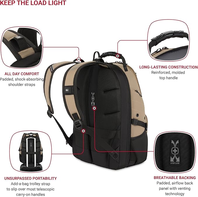 SwissGear 1900 ScanSmart 17” Laptop Backpack Brown– Reflective Tech Backpack with ScanSmart Compartment – Multiple Organizer Pockets & RFID Scan Blocking Technology