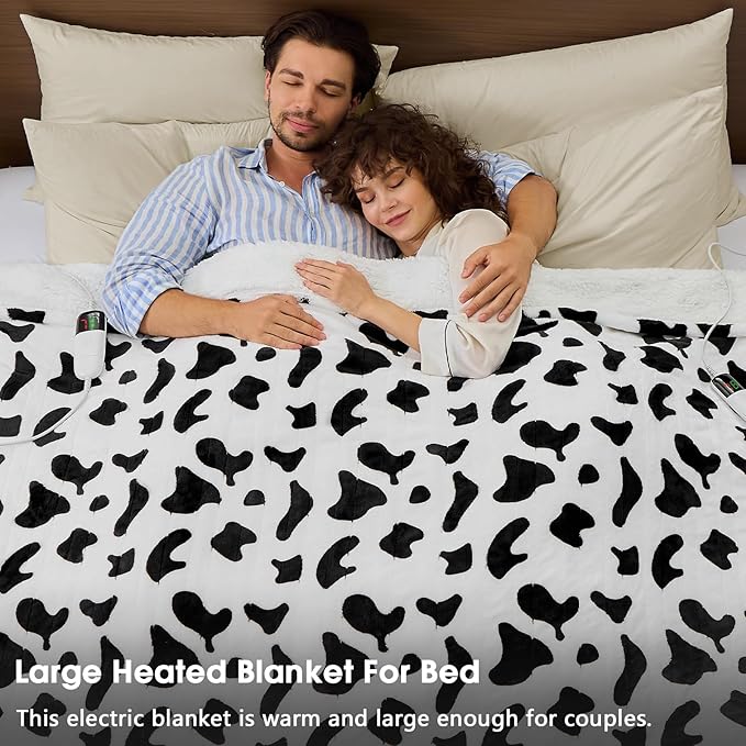 Cow Print Electric Heated Blanket Queen Size,84X90 Black Heating Blanket Queen with Dual Control&Timer&10 Heat Levels,Cute Cow Decor Sherpa Blankets Warmer Gifts for Bed Women Adults,ETL
