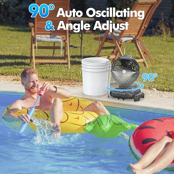 Portable Misting Fan, 4 Powerful Speed & 4 Spray Modes, 30000mAh Battery Powered, Remote Control, Auto Oscillation with Adjustable Base fit for 10-13 inch Bucket for Outdoor Camping Beach Travel