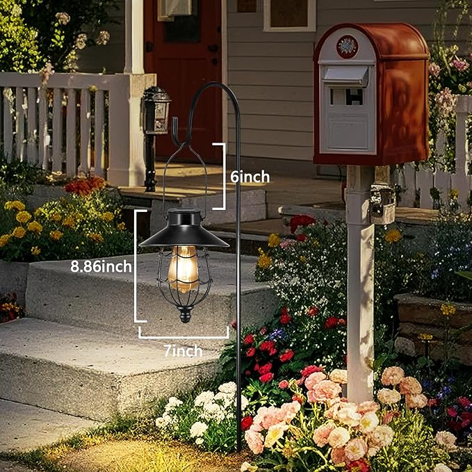 Solar Lanterns Outdoor Hanging Metal Vintage Lantern Warm White Solar Lights lamp Waterproof Edison Bulb Design for Pathway Garden Patio Yard Tree Decoration (Black)