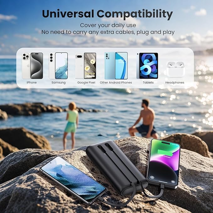 Portable Charger 40,800mAh Power Bank 25W Portable Battery Pack with 2 Built in Cables [2024 Upgraded], PD QC4.0 Fast Charging Portable Phone Charger Compatible with iPhone 16/15,Android Samsung-Black