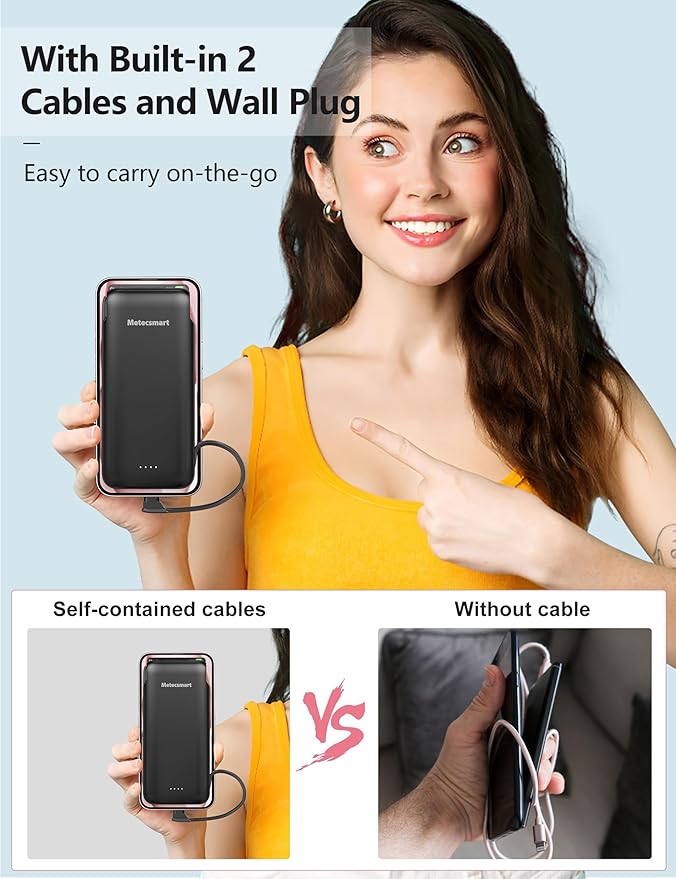 Portable Charger Power Bank with Built in Cable and AC Wall Plug, 10000mAh Fast USB C Phone Charger, Slim Thin Mini Power Bank Charging Battery Pack