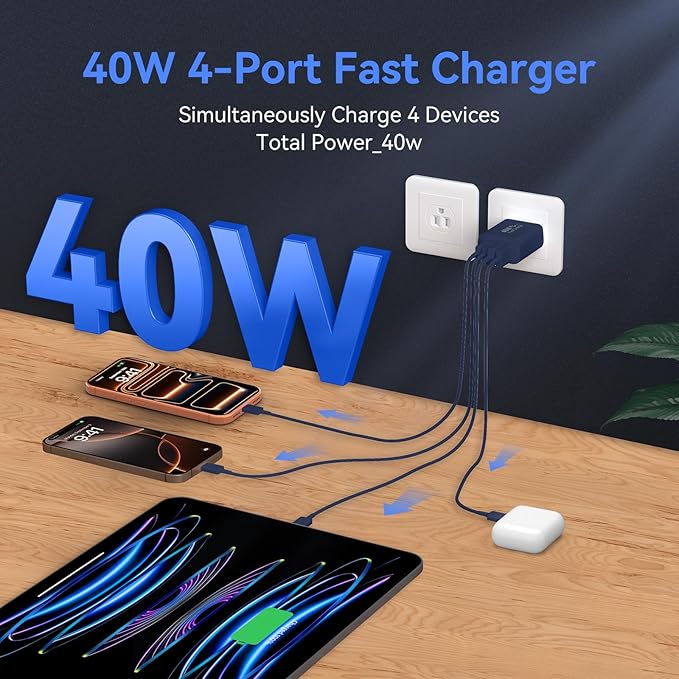 USB C Wall Fast Charger Block, 40W 4-Port Type C Charger Fast Charging Blocks PD Power Charger Adapter+QC 3.0 USB Multiport Charger Brick for Phone 17/16/15/14/13/12 Pro Max, Pad, GalaxyS25-Deep Blue
