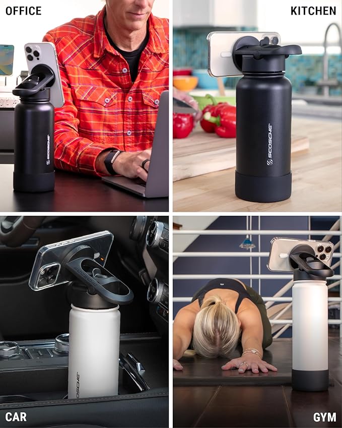 Scosche MFMS32 MagicMount Flask 32 oz Stainless Steel Water Bottle with MagSafe Phone Mount Stand, 12H Hot & 24H Cold, Insulated Flask with Magnetic Phone Holder for Gym, Travel, Sports, 32oz, Blue