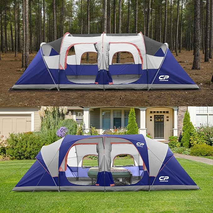 CAMPROS CP Tent 12-Person-Camping-Tents,3 Room Family Tents,Waterproof Windproof Family Tent with Top Rainfly,6 Large Mesh Windows,Double Layer,Easy Set Up, Portable with Carry Bag-20' x 9' x 72"(H)