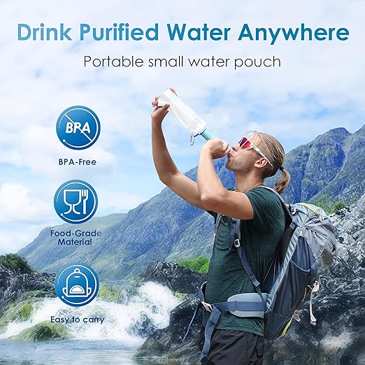 Waterdrop Gravity Water Filter Straw, Camping Water Filtration System, Water Purifier Survival for Travel, Backpacking and Emergency Preparedness, 1.5 gal Bag, 0.1 Micron, Light Blue