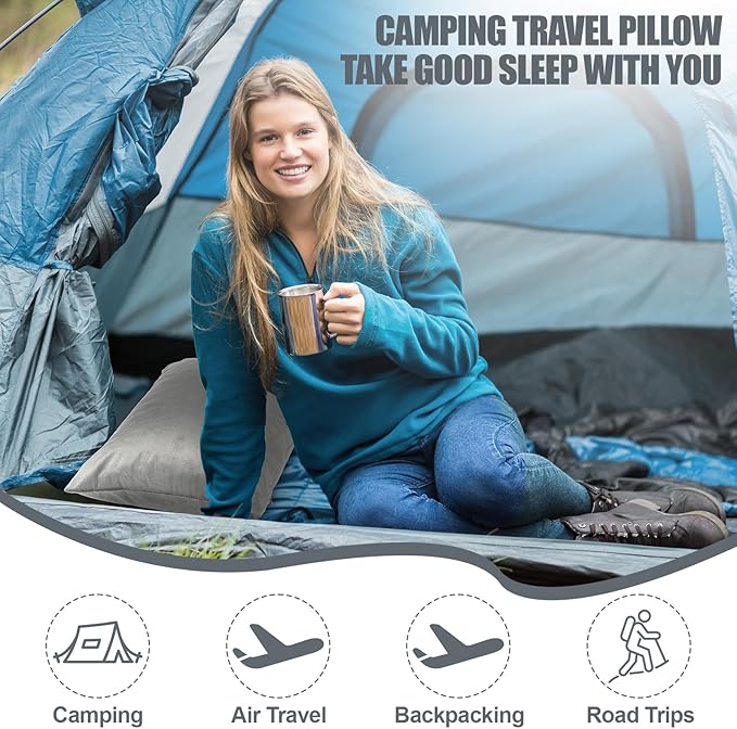 2 Pack Camping Pillow for Sleeping Shredded Memory Foam Travel Pillow with Storage Bag, Compressible Portable Pillow for Outdoor Camp Backpacking Hiking Essential Gear(Grey,Medium)