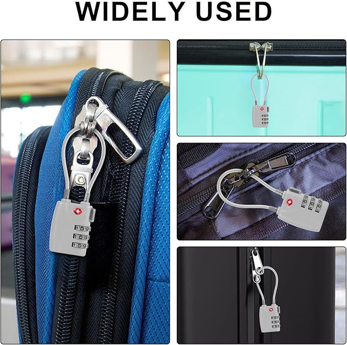 TSA Locks for Luggage TSA Approved Luggage Locks 3 Digit Combination TSA Travel Locks Portable Cable Padlocks Zinc Alloy Body Suitcase Locks for Travel Bag Suitcase Backpack Lockers,Silver