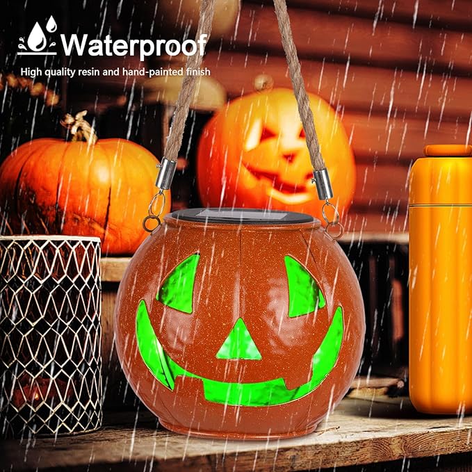 Jack O Lantern Decor Solar Light Color Changing Metal Pumpkin Halloween Lanterns Outdoor for Yard, Patio, Lawn, Porch, Garden Decorations