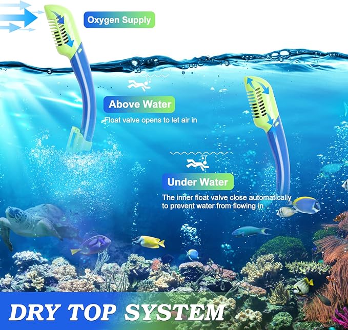 Snorkeling Gear for Kids Ages 5-15, 4 in 1 Mask Fins Snorkel Set with HD Tempered Glass Panoramic View Anti-Fog Mask, Dry Top Snorkel, Adjustable Trek Fins, and Mesh Bag, Kids Snorkel Set for Youth