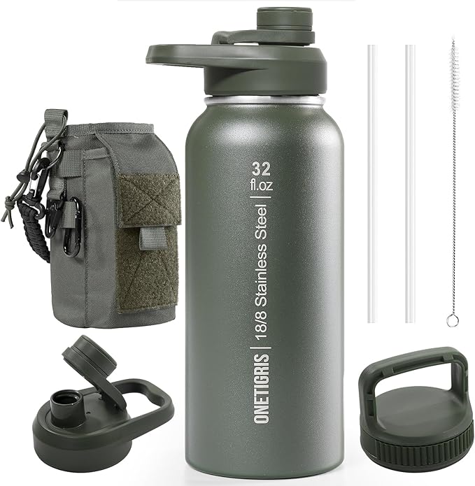 ONETIGRIS 32 oz Insulated Water Bottle with Straw - Tactical Stainless Steel Water Jug, Leakproof Wide Mouth Sport bottle with 3 Lids and Sleeve for Travel, Gym, Camping, Hiking
