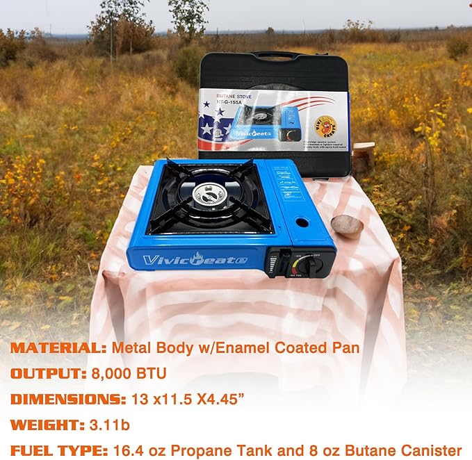 Vivicreate 7000 BTU Portable Butane Gas Stove for Camping Cooking Outdoor, Lightweight Portable Stove Burner with Auto Ignition, Estufa de Gas Portátil para Camping al Aire Libre（Blue）