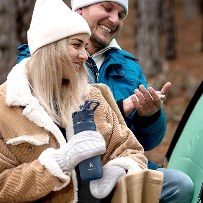 IDEUS Insulated Stainless Steel Water Bottle with 2 Leak-Proof Lids, Thermal Water Flask for Hiking Biking, 24oz, Orange