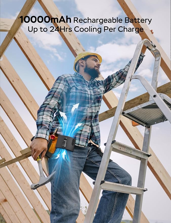 Portable Waist Fan, 10000mAh Battery Operated, Rechargeable Clip On Belt, 10 Speed, 12000RPM Strong Airflow, Max 24H Working Time, Personal Shirt fan for Outdoor Work Jobsite Farms