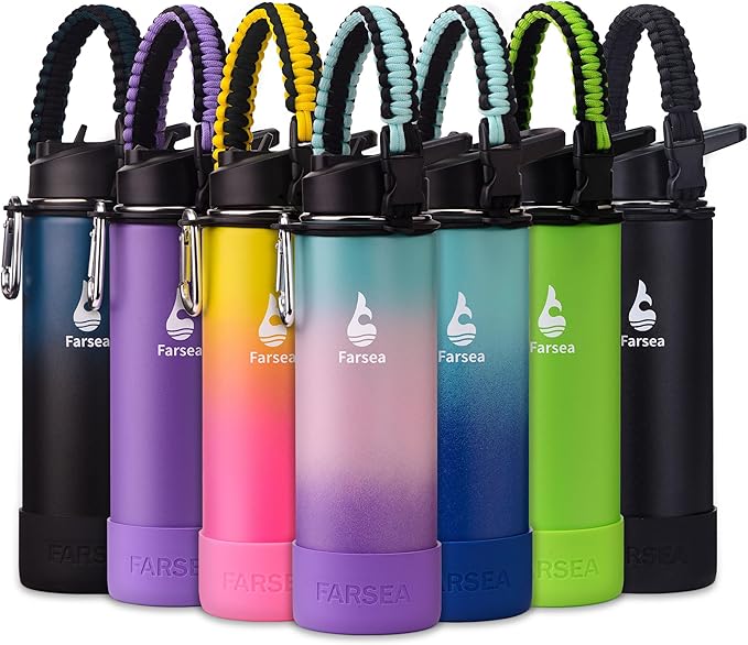 Farsea Insulated Water Bottle With Paracord Handle, Protective Boot and 2 Lids (Straw Lid & Spout Lid), Stainless Steel Water Bottle Wide Mouth, Double Wall Sweat-Proof BPA-Free, 24 oz