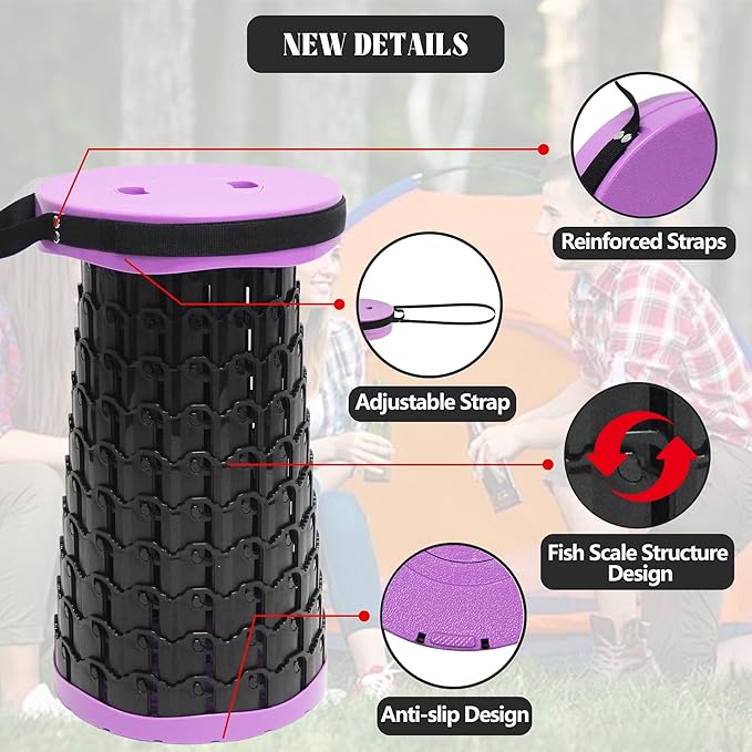 ALEVMOOM Collapsible Stool with Cushion, H18.3 D10.24 Portable Telescoping More Sturdy Load Capacity 600Lbs, Retractable Adjustable Camping Folding Stool for Outdoor Hiking BBQ Climb